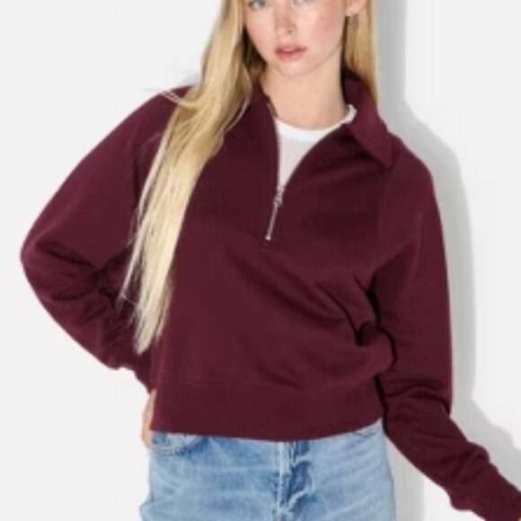 Wild Fable Polo Collar Pullover Sweatshirt Size L Oxblood Burgundy Raglan Sleeve - Picture 1 of 7